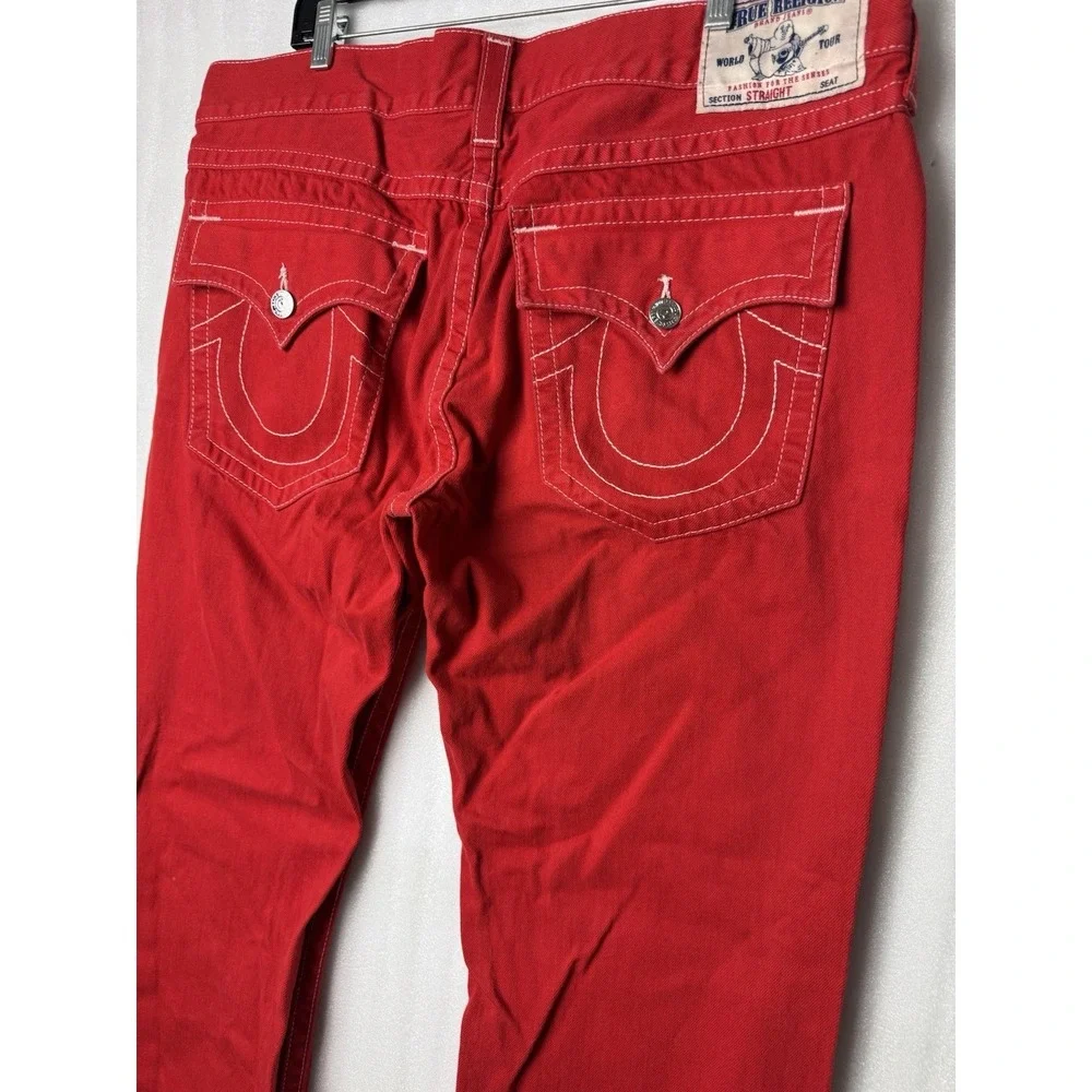 VTG Y2K True Religion Jeans Mens 40x34 Red Straight Flap Pocket Thick Stitch